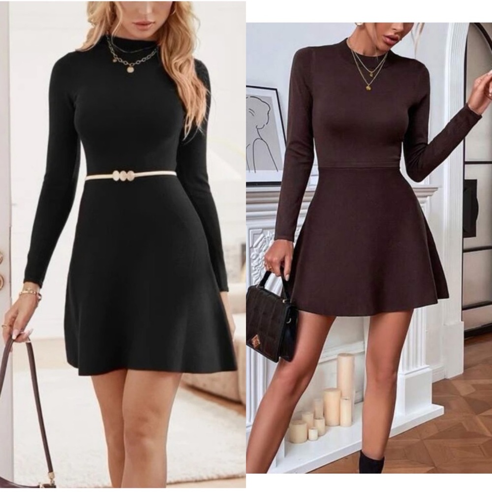 Red knit sweater skater mini dress - long sleeves - Picture 2 of 14